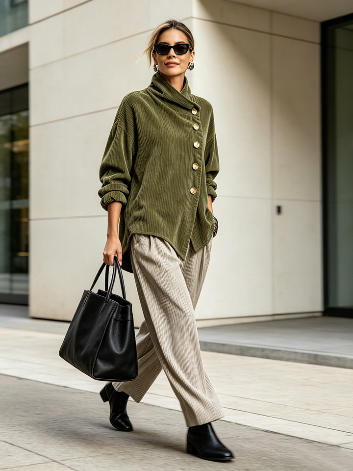 Lucianne | Ribbed Velvet Top with Diagonal Buttoning, Olive Green