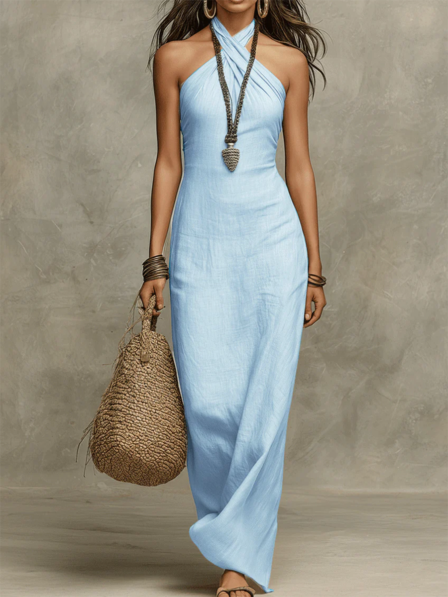 Avelina | Voluptuous maxi dress with spine neckline, made of cotton and linen