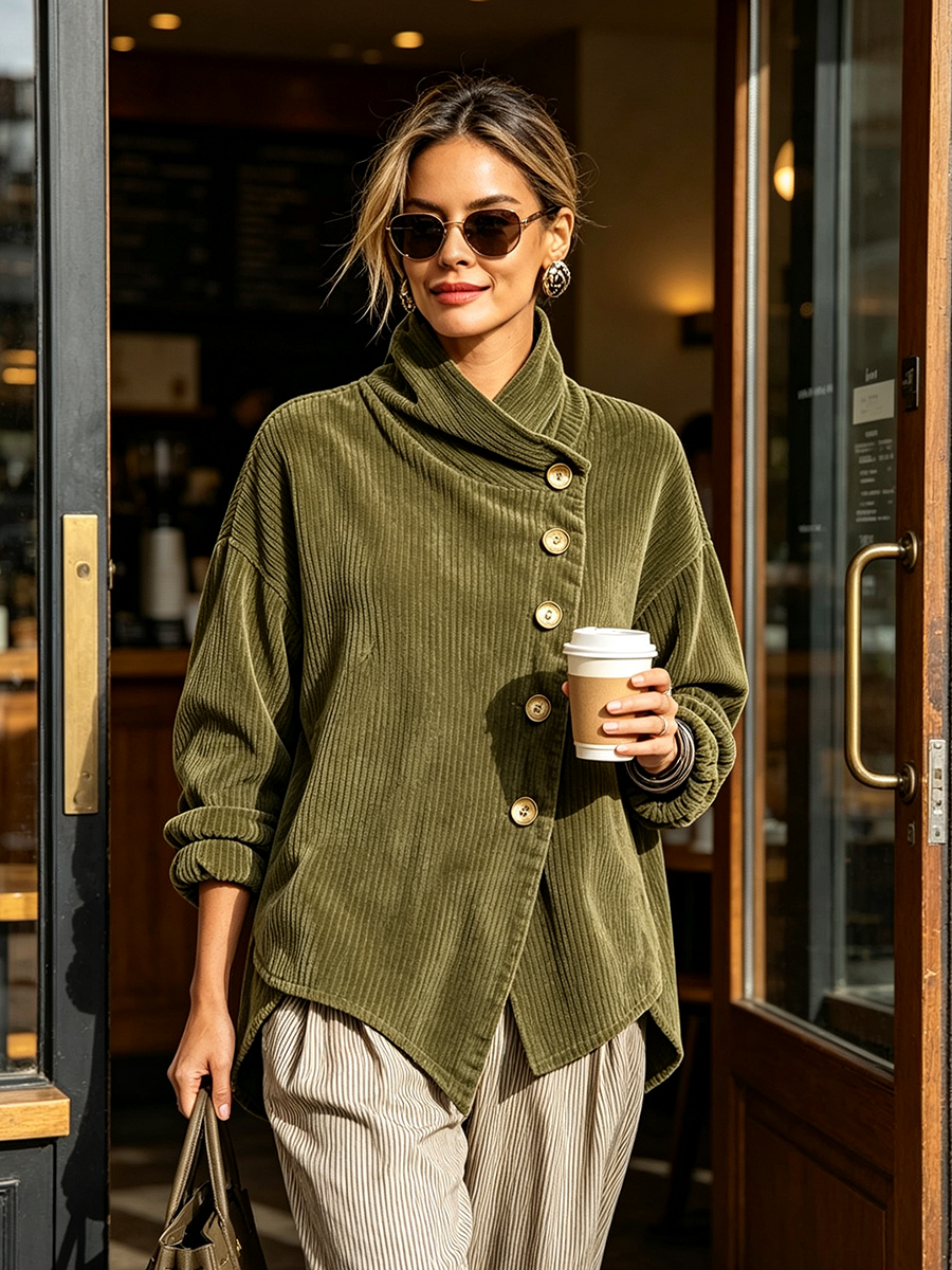 Lucianne | Ribbed Velvet Top with Diagonal Buttoning, Olive Green