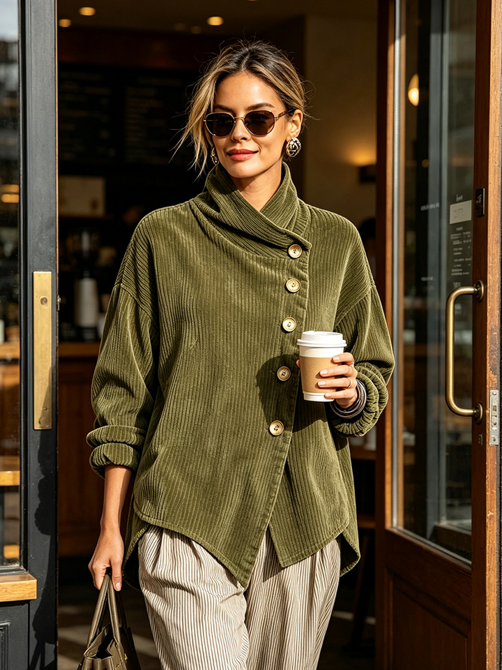Lucianne | Ribbed Velvet Top with Diagonal Buttoning, Olive Green