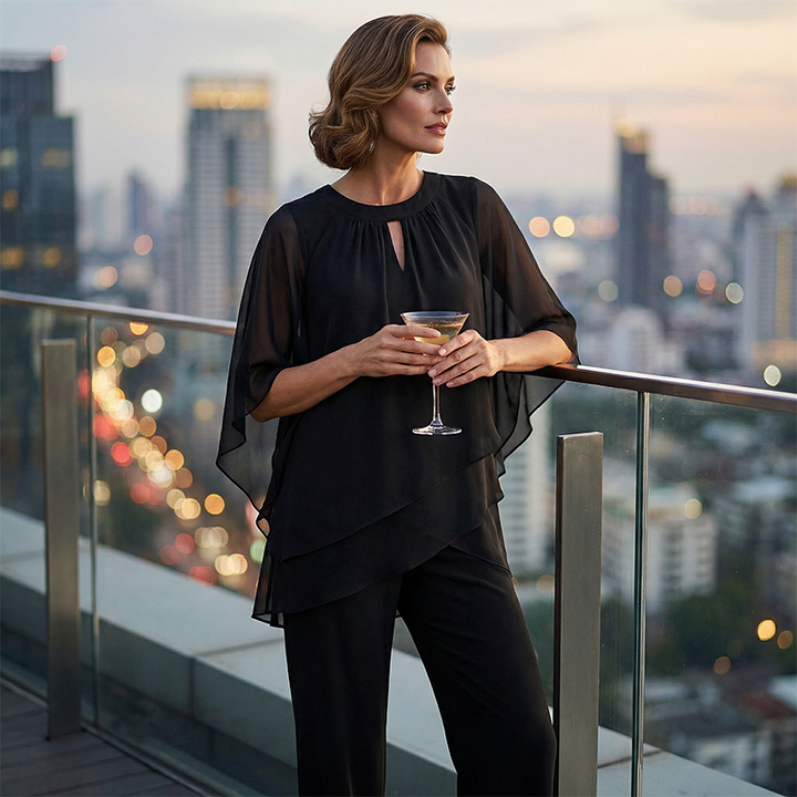 Jeannine | Asymmetrical Layered Blouse and Wide Pants Set