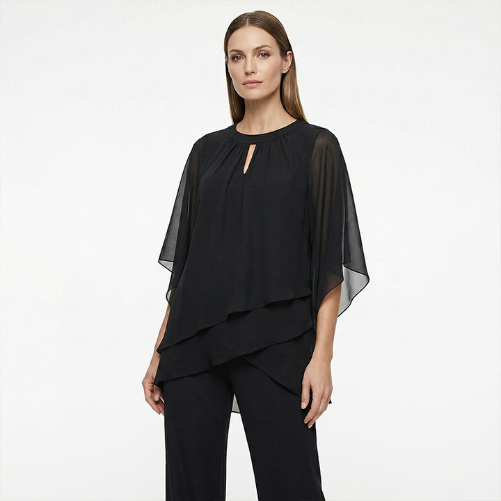 Jeannine | Asymmetrical Layered Blouse and Wide Pants Set