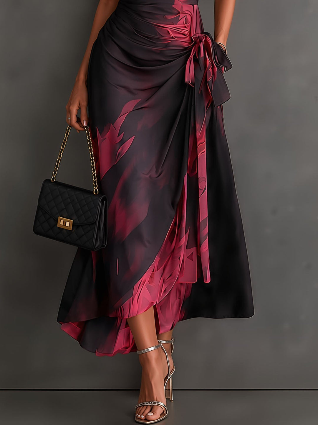 Beatrice | Midi Wrap Dress in Abstract Print, Bordeaux