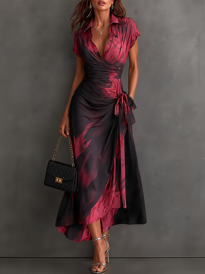 Beatrice | Midi Wrap Dress in Abstract Print, Bordeaux
