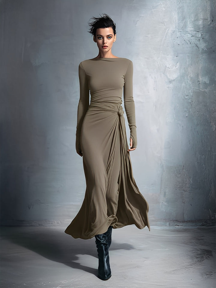 Mira | Gray Exquisite Stretch Blended Fabric Wrap Dress - Knotted Maxi Dress