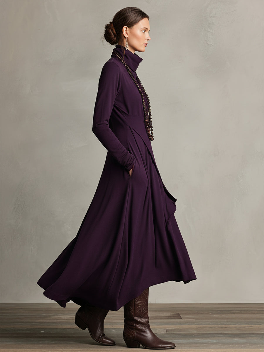 Chloe | Maxi Boho Cotton Dress with High Neck and Asymmetrical Draping