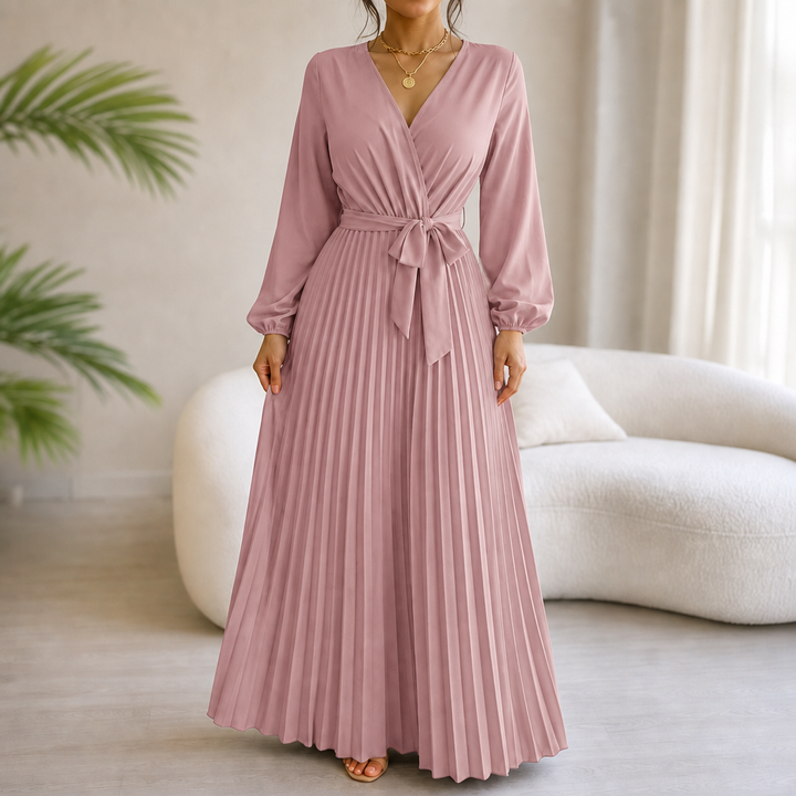 Luzy | Pleated Wrap-Neck High-Waisted Maxi Dress