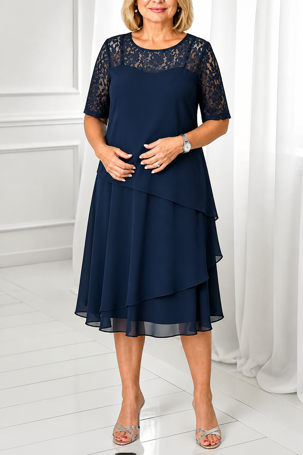 Weronica | Tiered Lace Yoke High-Waist Midi Dress