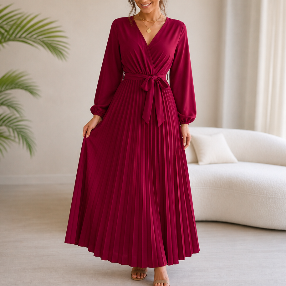 Luzy | Pleated Wrap-Neck High-Waisted Maxi Dress