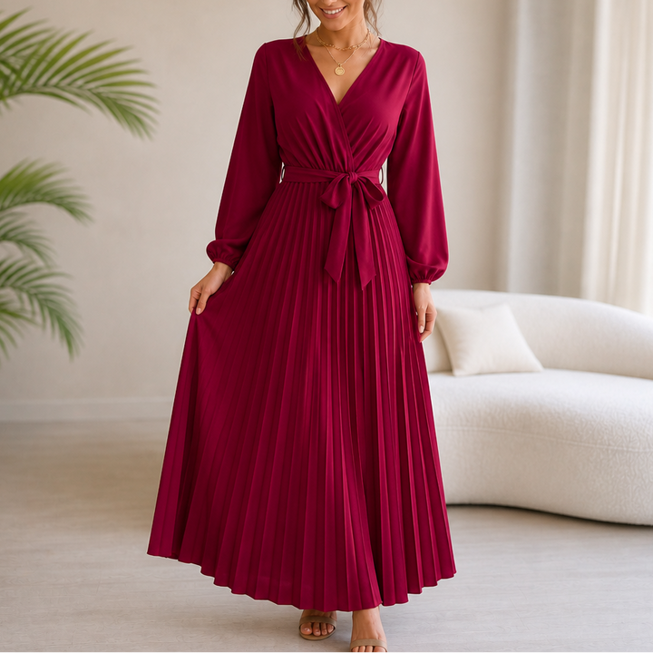 Luzy | Pleated Wrap-Neck High-Waisted Maxi Dress