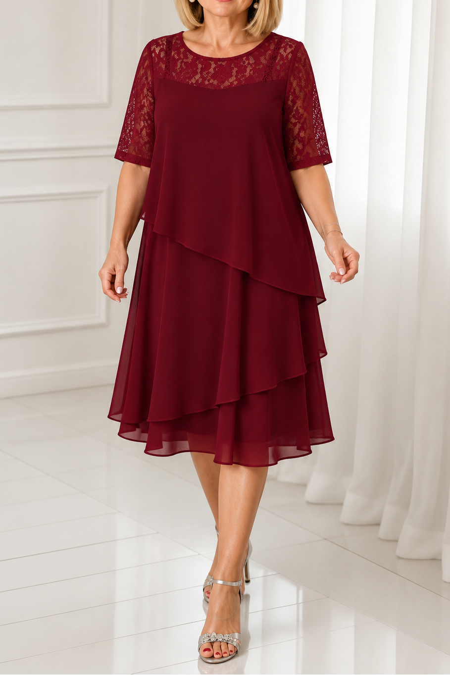 Weronica | Tiered Lace Yoke High-Waist Midi Dress