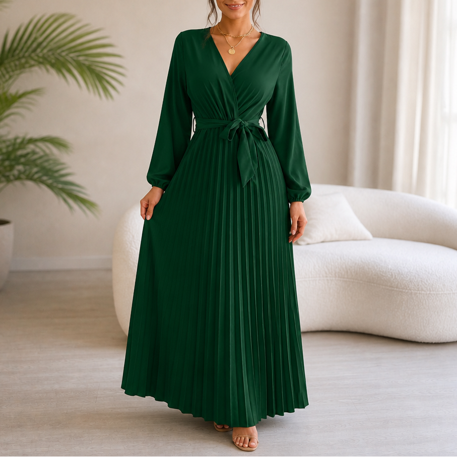 Luzy | Pleated Wrap-Neck High-Waisted Maxi Dress