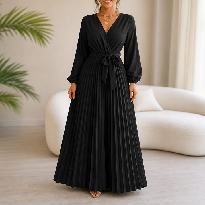 Luzy | Pleated Wrap-Neck High-Waisted Maxi Dress