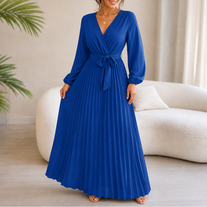 Luzy | Pleated Wrap-Neck High-Waisted Maxi Dress