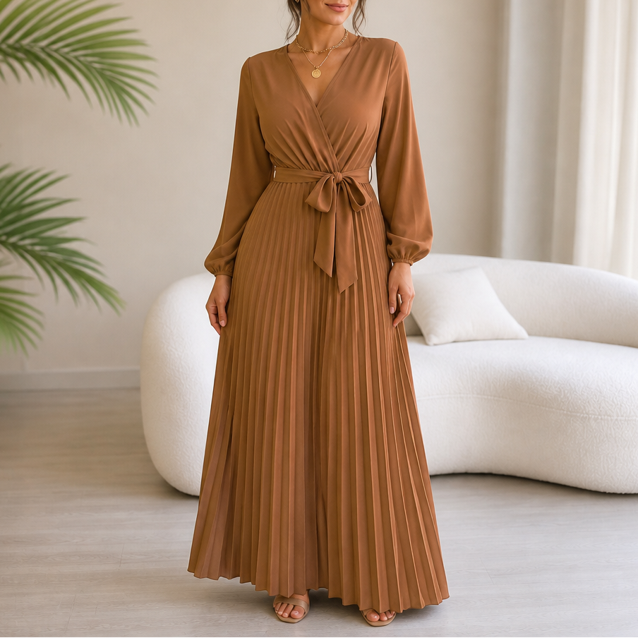 Luzy | Pleated Wrap-Neck High-Waisted Maxi Dress