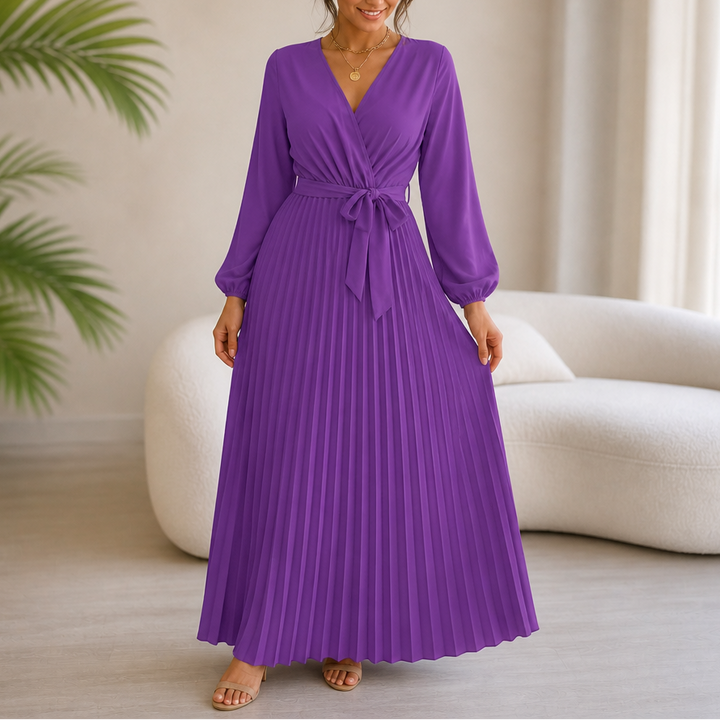 Luzy | Pleated Wrap-Neck High-Waisted Maxi Dress