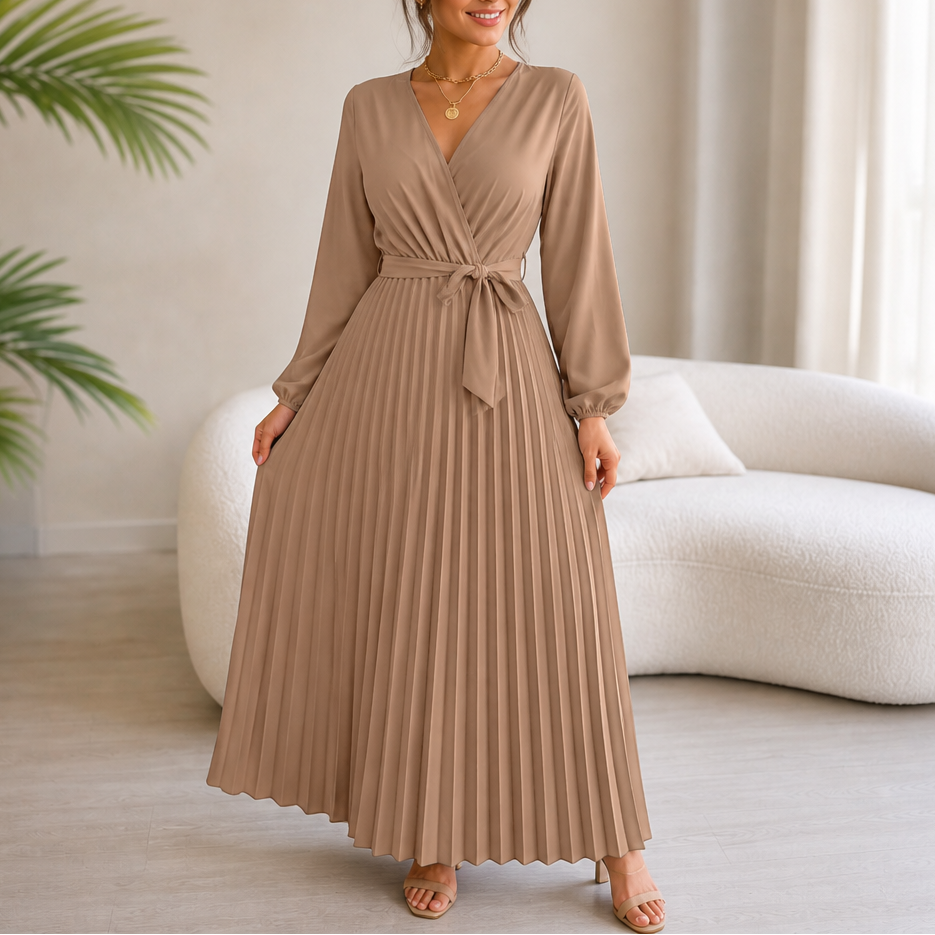 Luzy | Pleated Wrap-Neck High-Waisted Maxi Dress