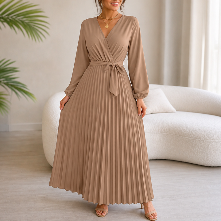 Luzy | Pleated Wrap-Neck High-Waisted Maxi Dress