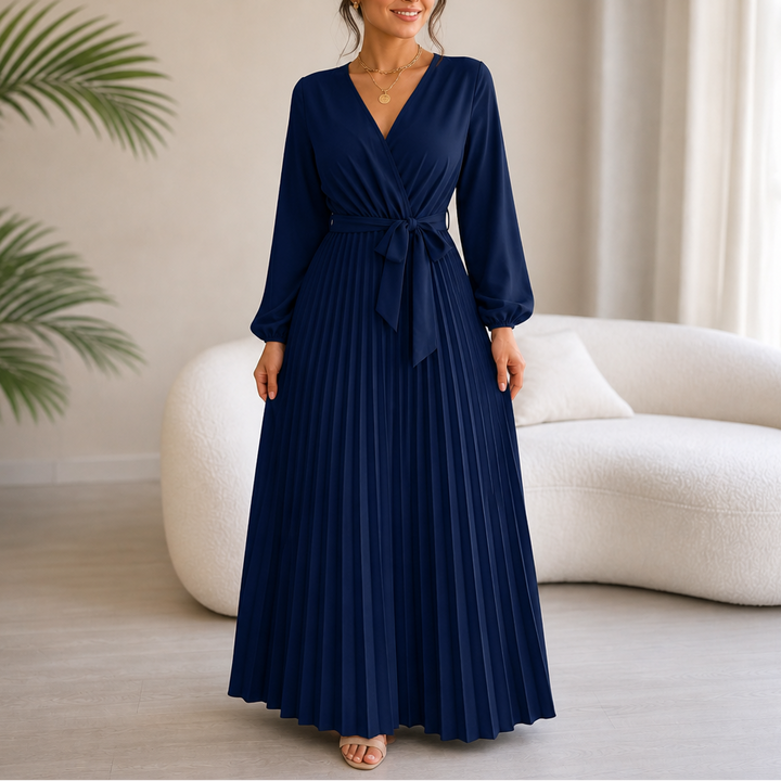 Luzy | Pleated Wrap-Neck High-Waisted Maxi Dress