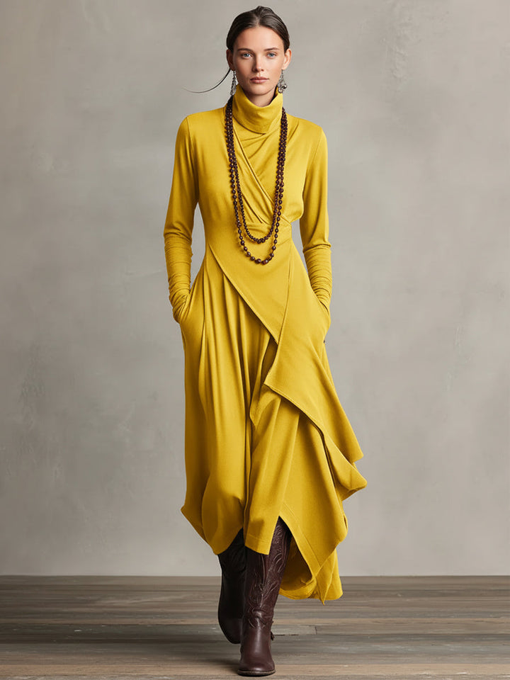Chloe | Maxi Boho Cotton Dress with High Neck and Asymmetrical Draping