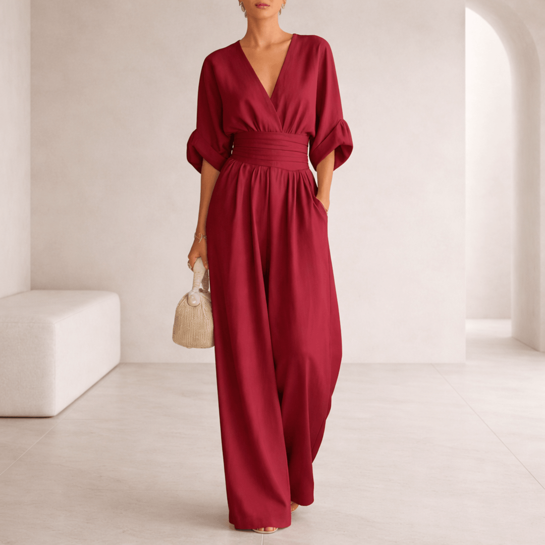 Elira | V-Neck Draped Wide-Leg Jumpsuit for Women