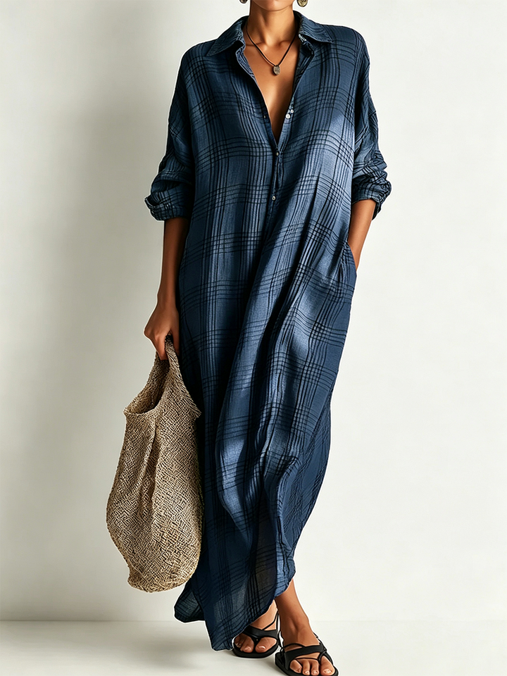 Stella | Retro Casual Plaid Print Cotton Linen Shirt Long Sleeve Midi Dress